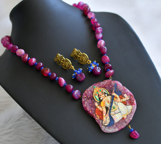 Hand painted saraswathi sliced agate pendant with pink-blue onyx beads necklace set dj-45184