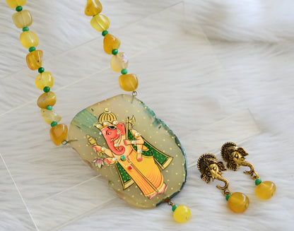 Hand painted ganesha sliced agate pendant with yellow-green onyx beads necklace set dj-45192