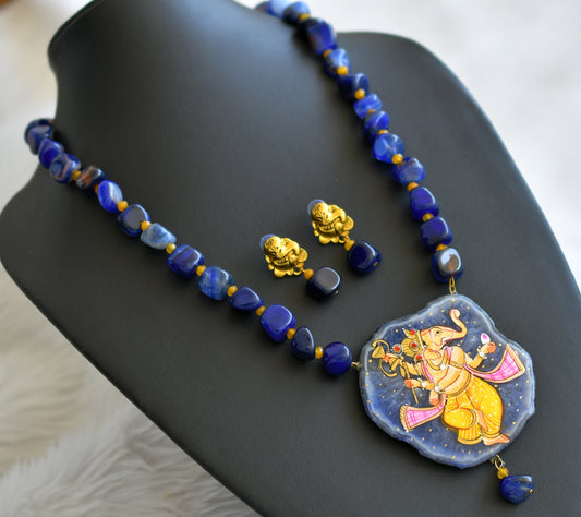 Hand painted ganesha sliced agate pendant with blue-yellow onyx beads necklace set dj-45195