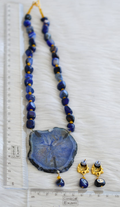 Hand painted ganesha sliced agate pendant with blue-yellow onyx beads necklace set dj-45195