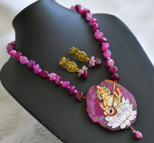 Hand painted ma saraswathi sliced agate pendant with purple onyx beads necklace set dj-45183