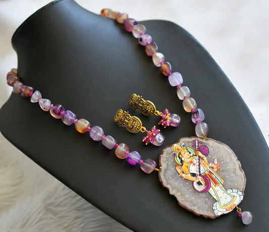 Hand painted saraswathi sliced agate pendant with purple onyx beads necklace set dj-45187