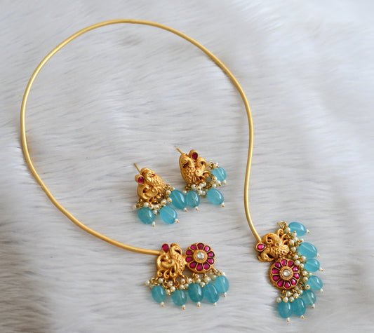 Matte gold tone Pink-white-blue kundan jadau peacock hasli necklace set dj-43156