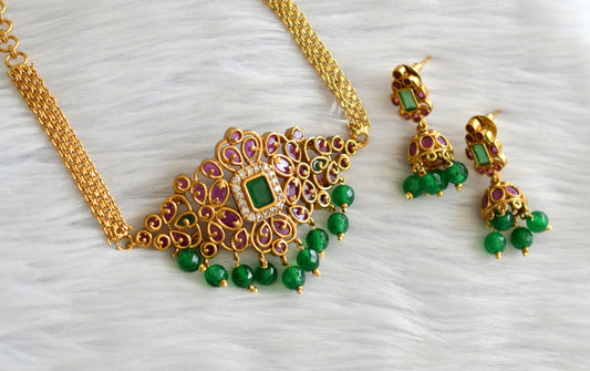 Matte finish ruby-green-white green agate beaded mini choker necklace set dj-43549