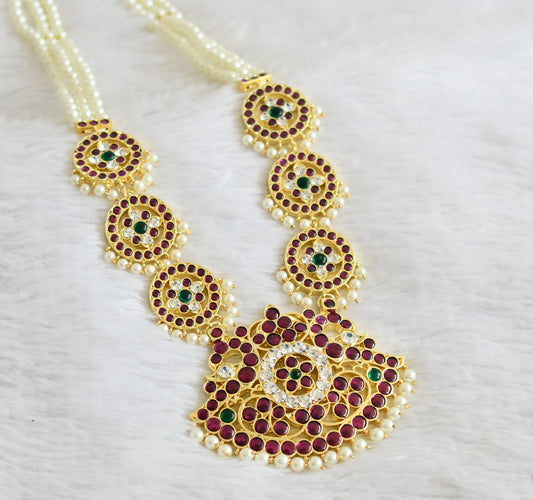 Gold tone semi precious kemp-green-white pearl beaded peacock haar dj-50531