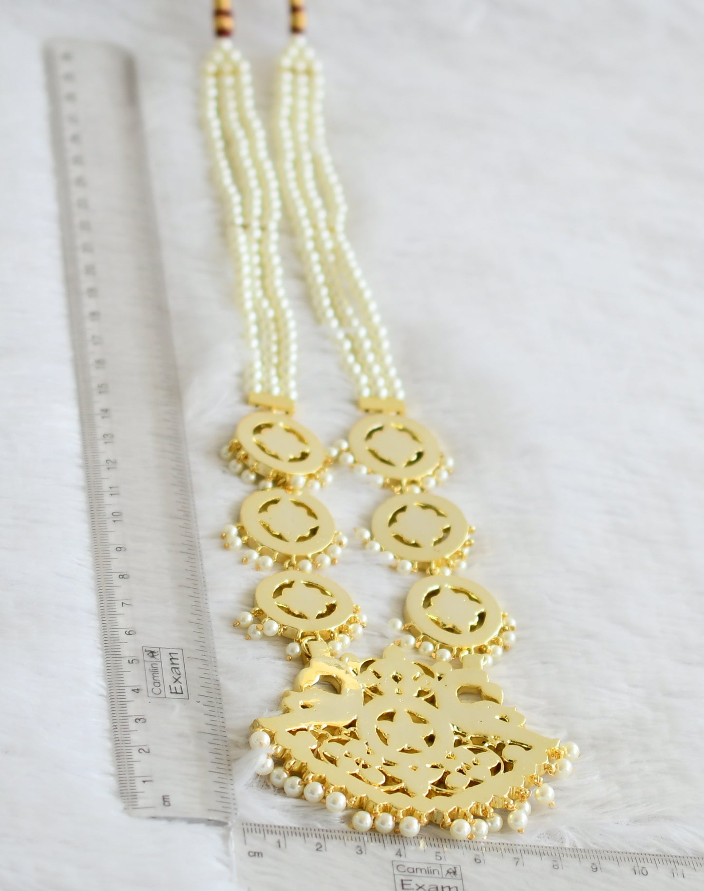 Gold tone semi precious kemp-green-white pearl beaded peacock haar dj-50531