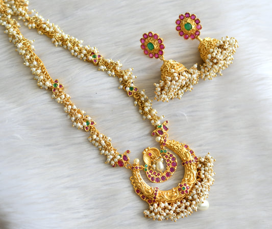 Gold tone ruby-emerald pearl cluster necklace with screw back earrings dj-13378