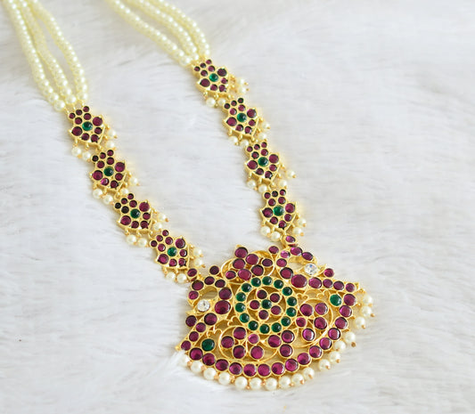 Gold tone semi precious kemp-green-white pearl beaded peacock haar dj-50530