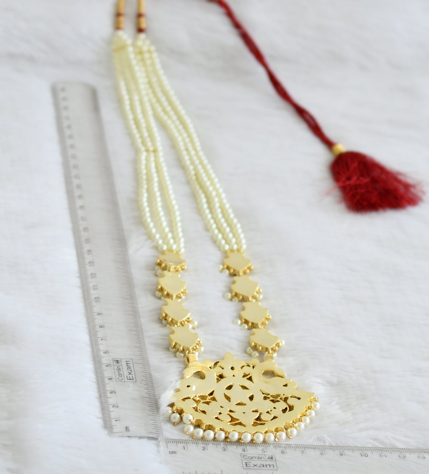 Gold tone semi precious kemp-green-white pearl beaded peacock haar dj-50530