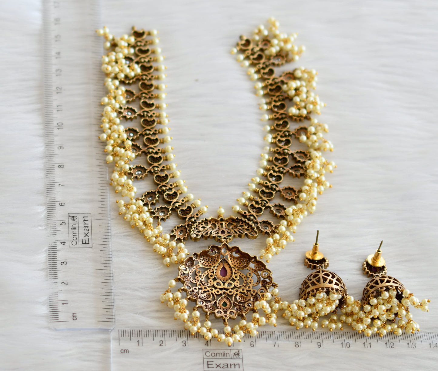 Antique cz ruby-green-white pearl cluster peacock victorian necklace set dj-45211