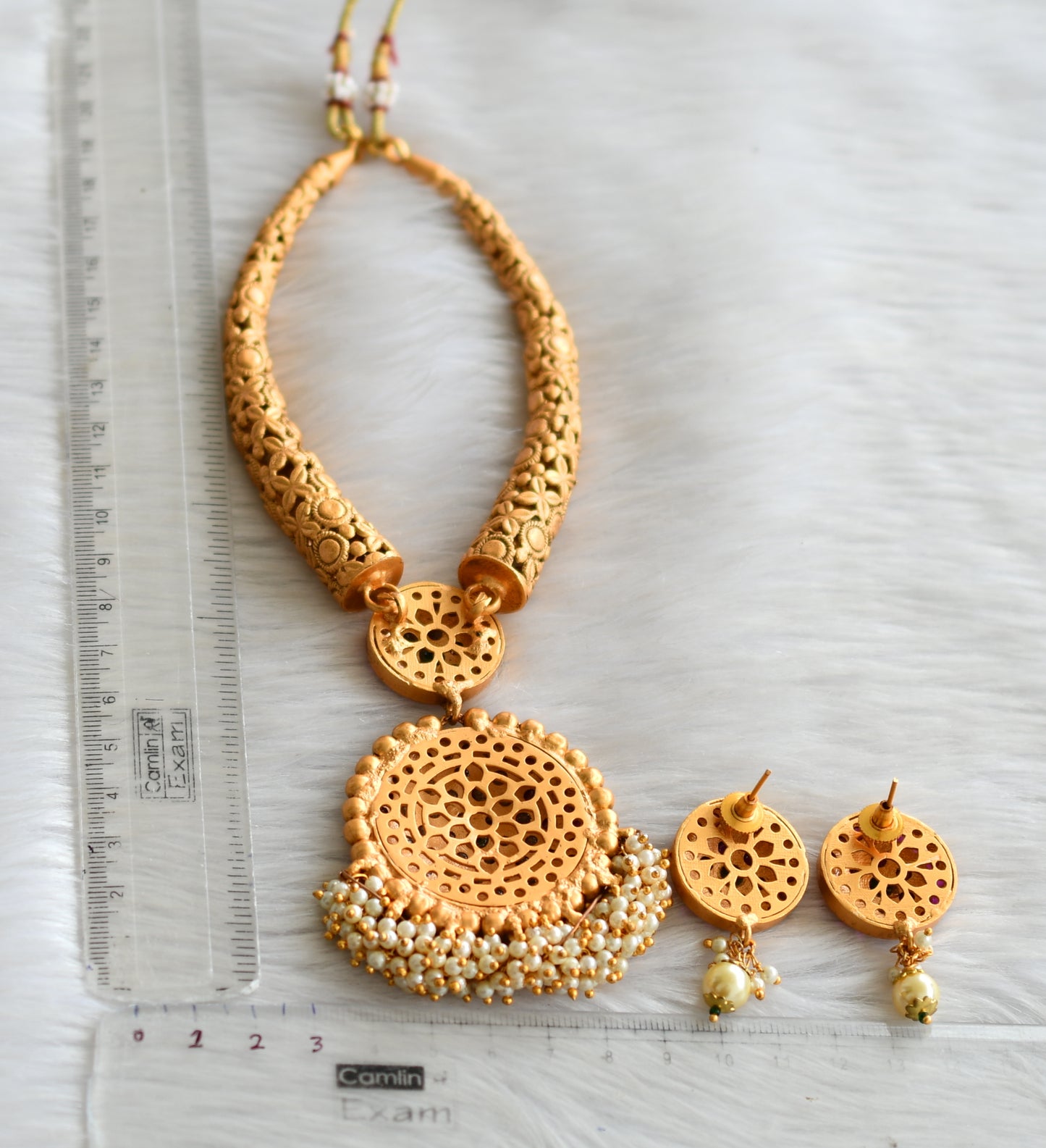 Matte finish real kemp-green pearl cluster Kante necklace set dj-21175