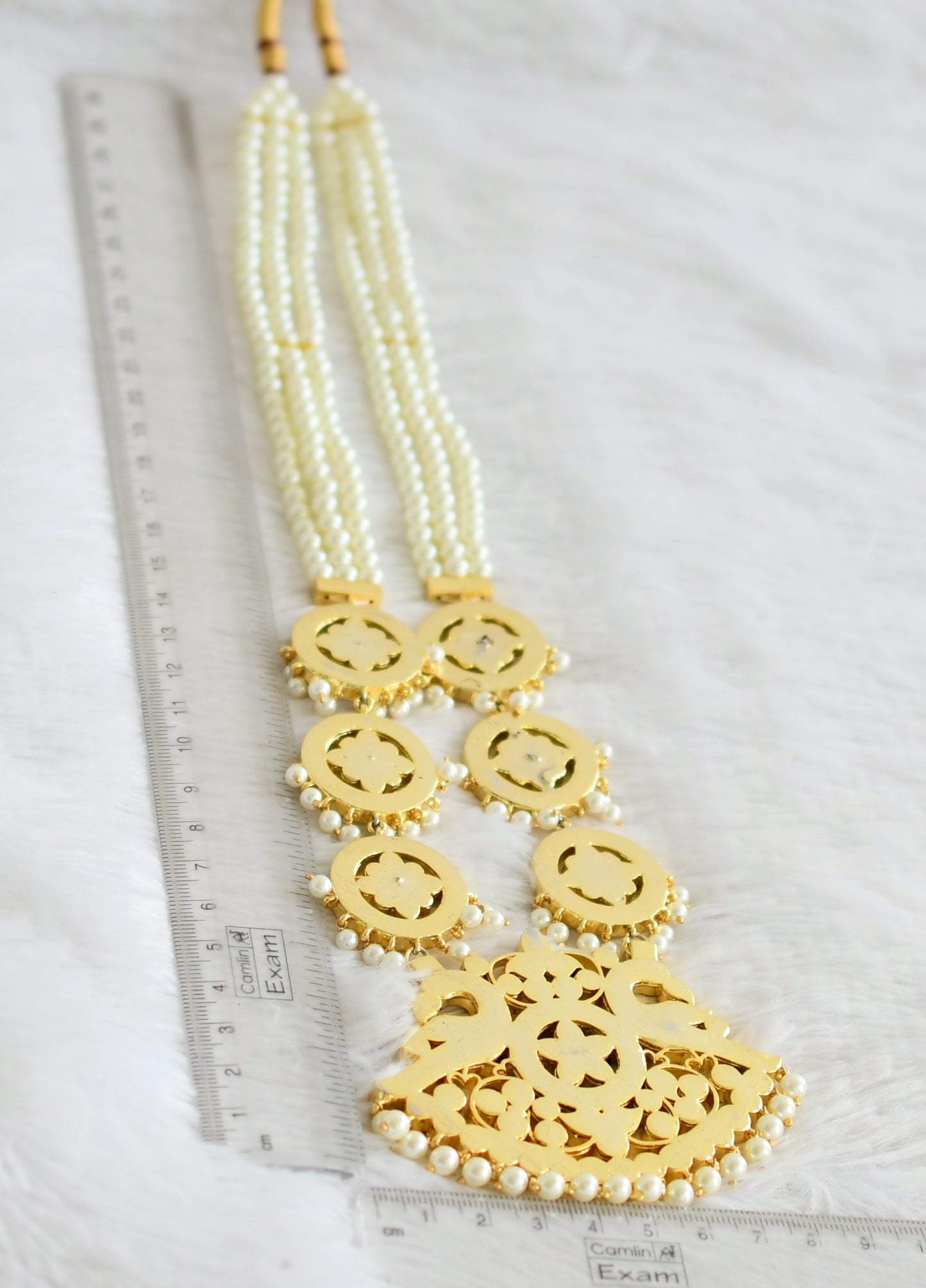 Gold tone precious kemp-green-white pearl beaded peacock haar dj-50529