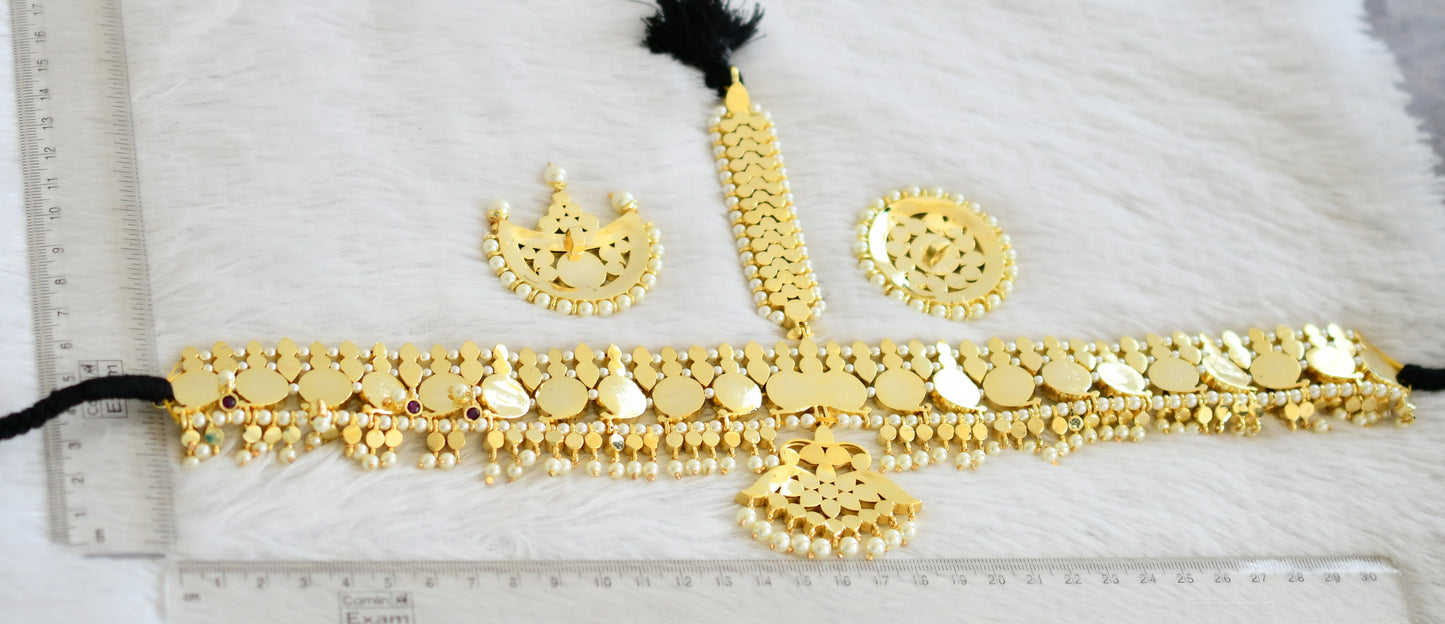 Gold tone precious kemp-green-white pearl mango tikka/head set dj-50525