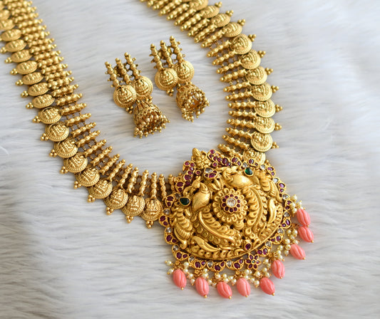 Matte finish real kemp-green-white lakshmi coin peacock haar set dj-45212