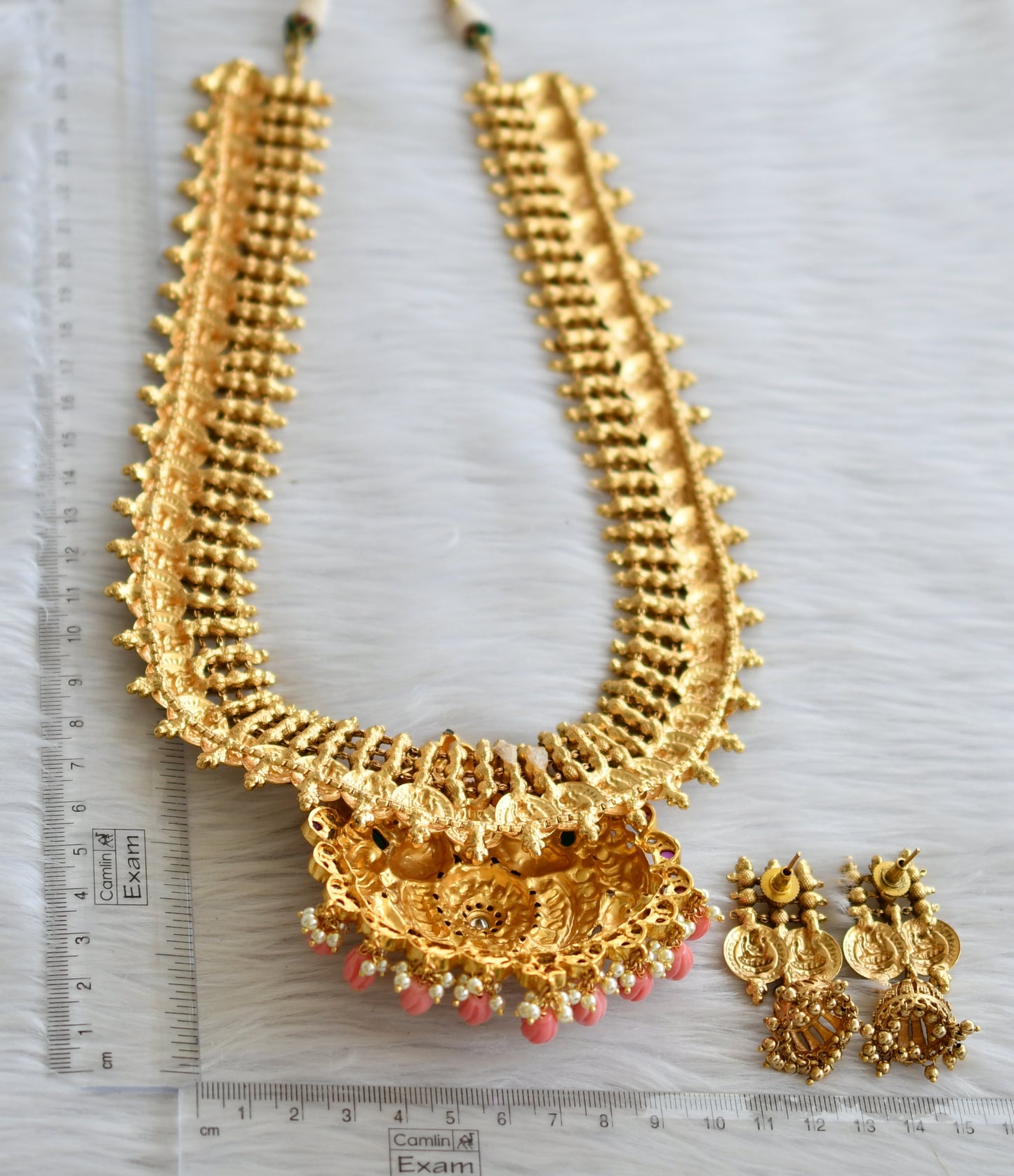 Matte finish real kemp-green-white lakshmi coin peacock haar set dj-45212