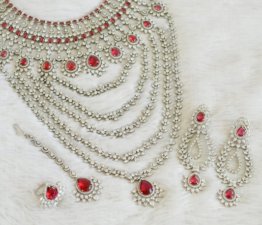 Silver tone maroon bridal combo Set dj-42752