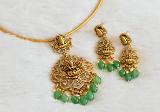 Antique gold tone cz kemp green beaded lakshmi lotus kanti necklace set dj-50540