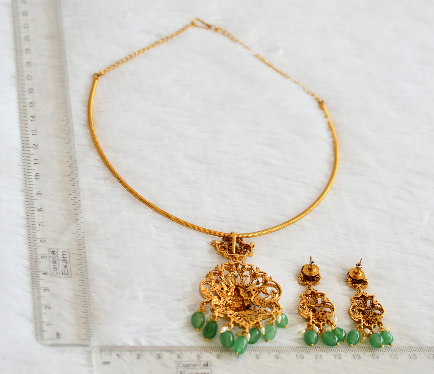 Antique gold tone cz kemp green beaded lakshmi lotus kanti necklace set dj-50540