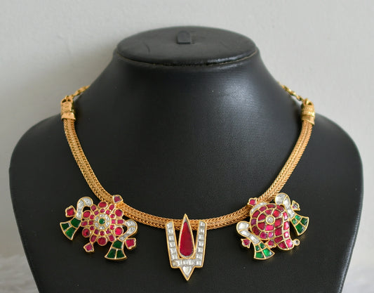 Antique gold tone kundan jadau Thirumal Nama-shanku-chakra necklace dj-48659