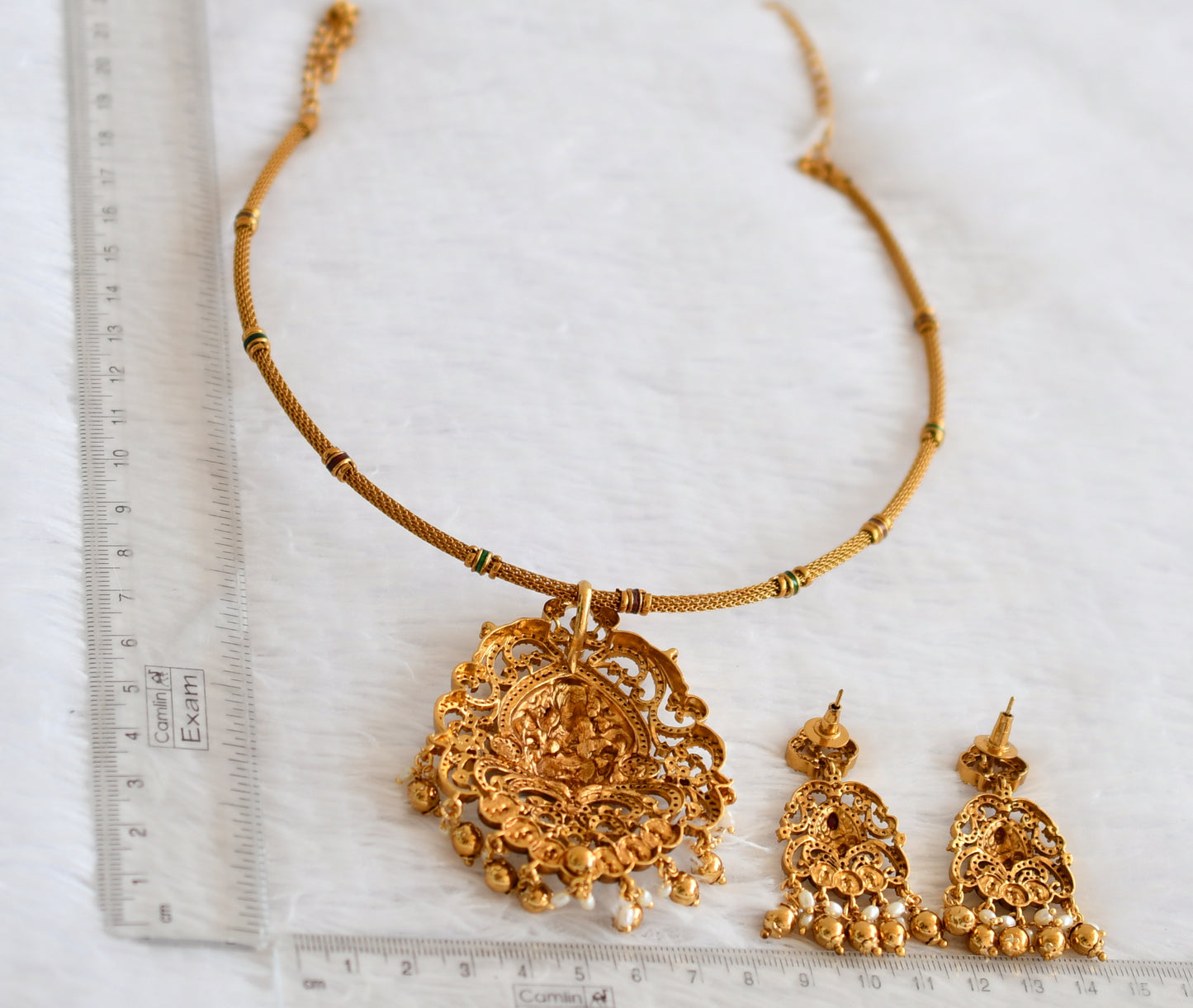 Antique gold tone cz lotus-lakshmi kanti necklace set dj-50539