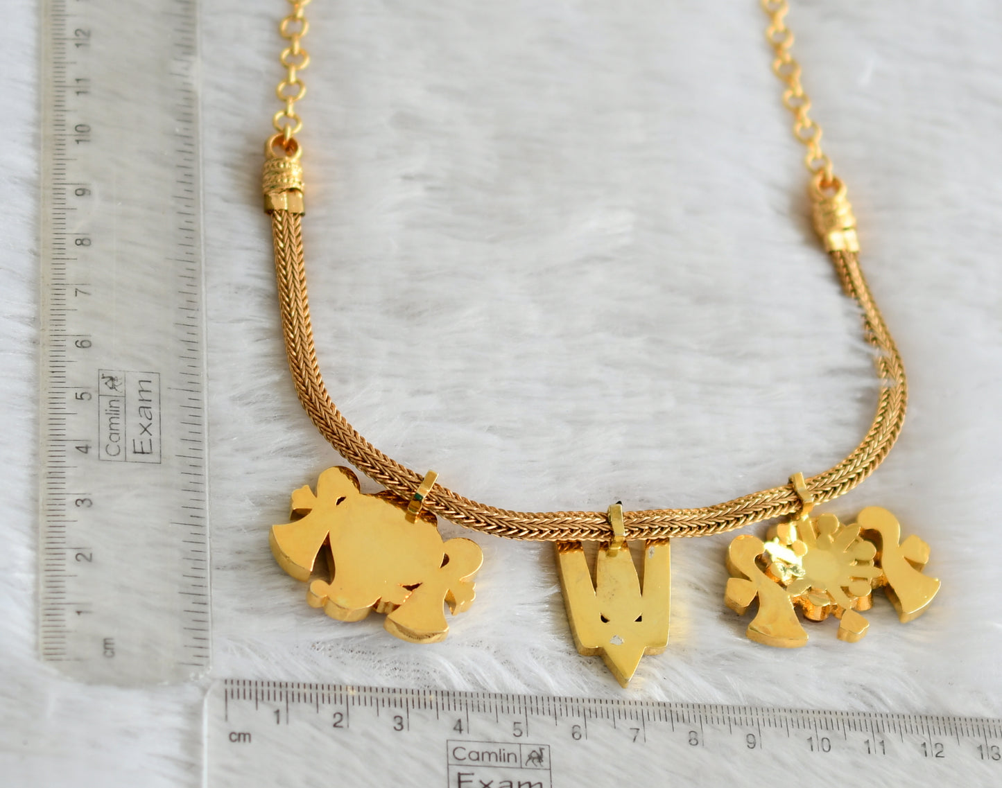 Antique Gold tone pink-green-white kundan jadau nama-shanku-chakra necklace dj-48659