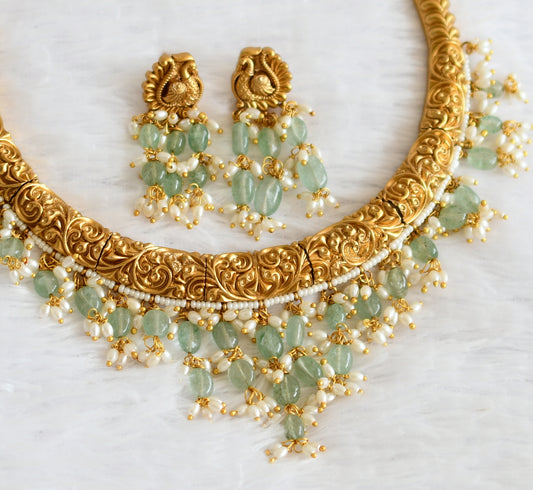 Matte finish rice pearl green beaded kante set dj-50534