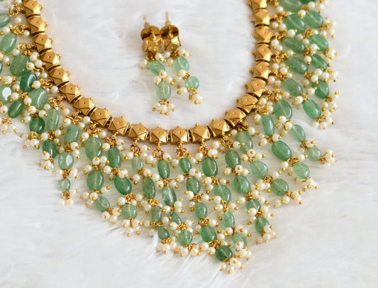 Matte finish sea green beaded pearl necklace set dj-50537