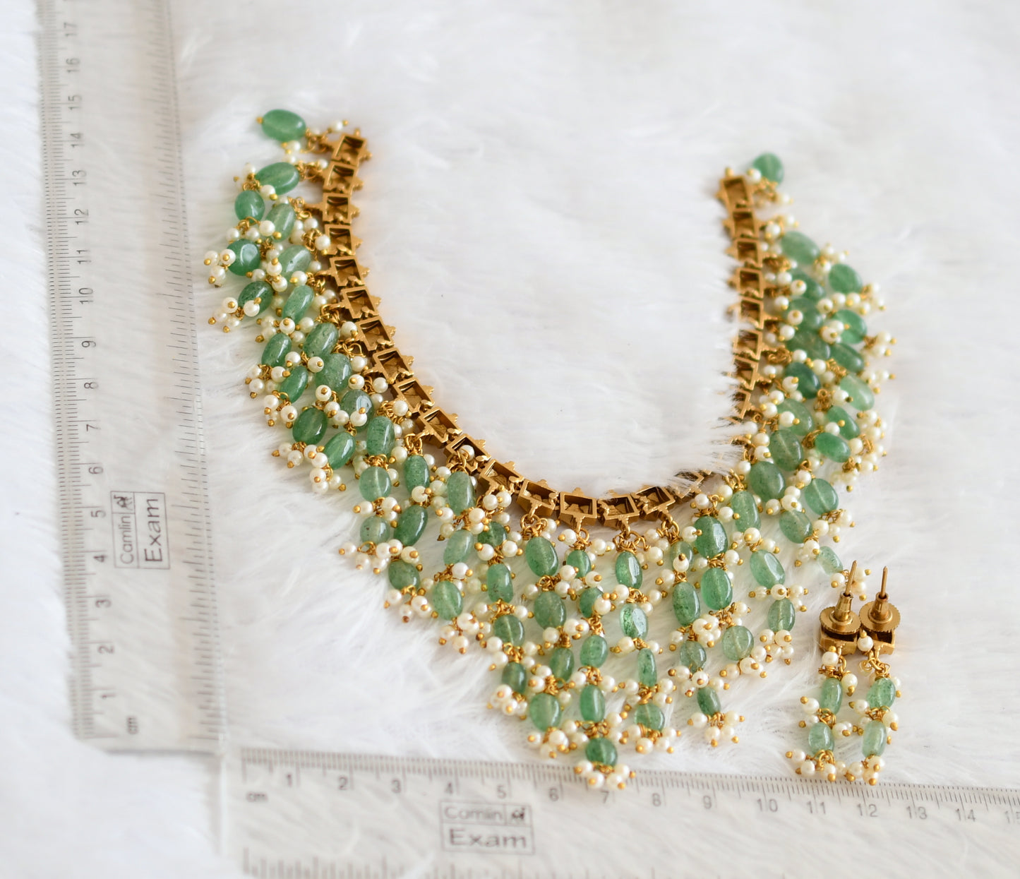 Matte finish sea green beaded pearl necklace set dj-50537
