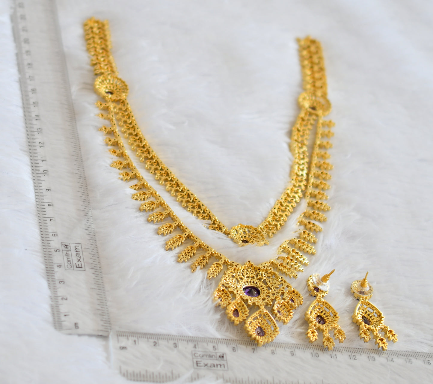 Two tone cz purple stone double layer leaf short haar set dj-50545