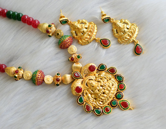 Gold tone maroon-green beaded Lakshmi set dj-03688
