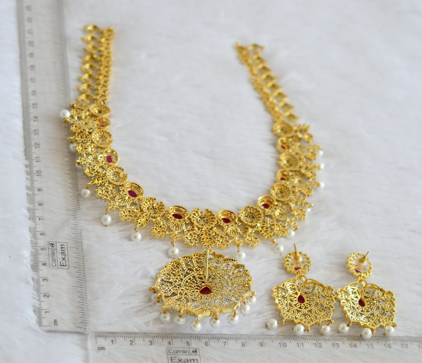 Two tone cz ruby pearl bead flower short haar set dj-50547