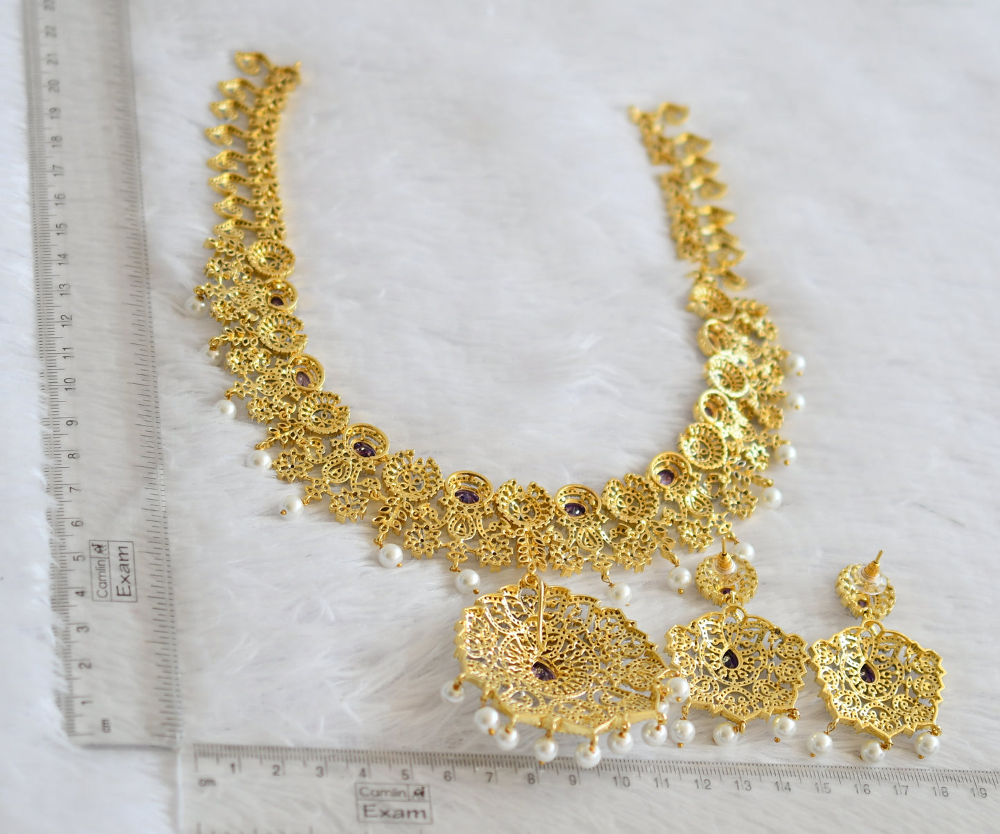 Two tone cz purple stone pearl bead flower short haar set dj-50549