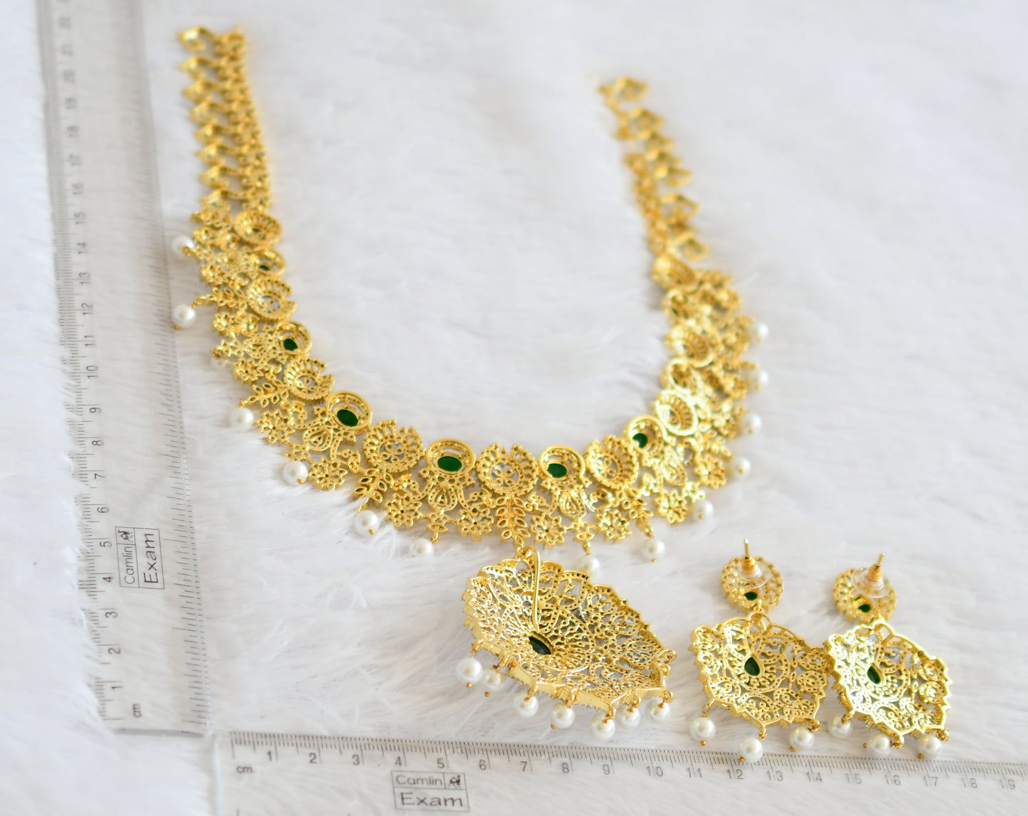 Two tone cz emerald stone pearl bead flower short haar set dj-50548