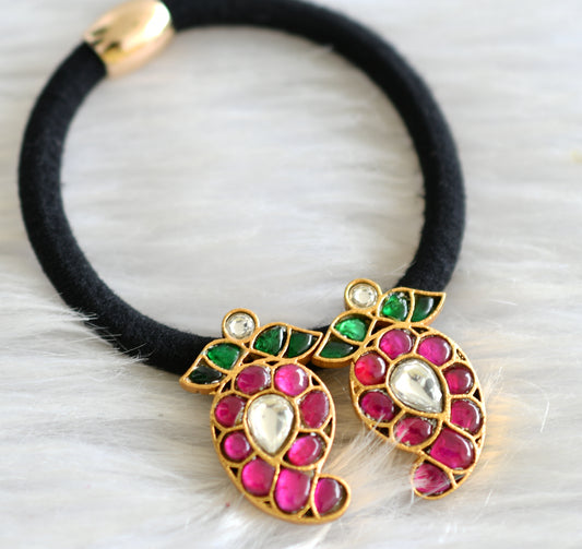 Gold tone pink-green-white kundan jadau mango hair band dj-43576