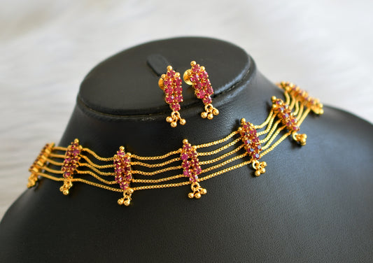 Gold tone ad pink kerala style choker necklace set dj-45235