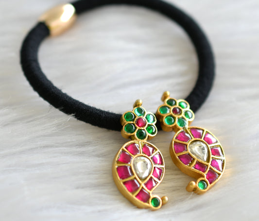 Gold tone pink-green-white kundan jadau mango flower hair band dj-43581