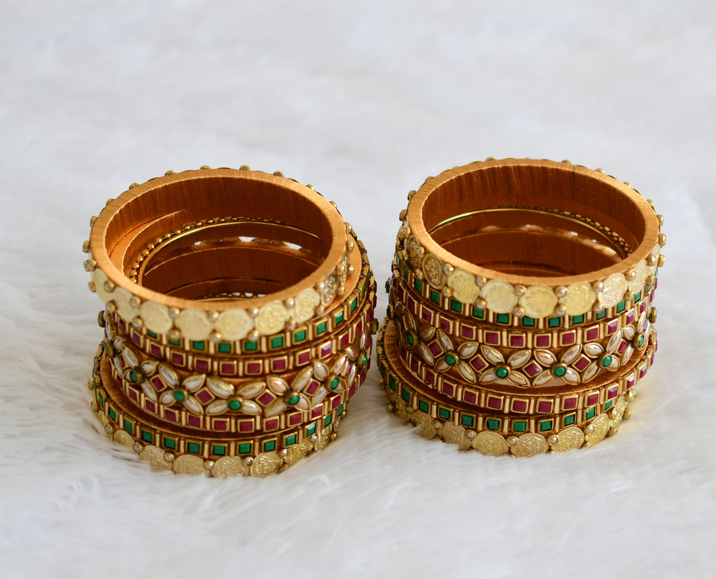 Gold tone silk thread red-green stone kundan lakshmi coin bangles(2.4) dj-43282