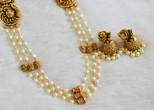 Antique gold tone pearl beaded peacock lakshmi short haar set dj-50572