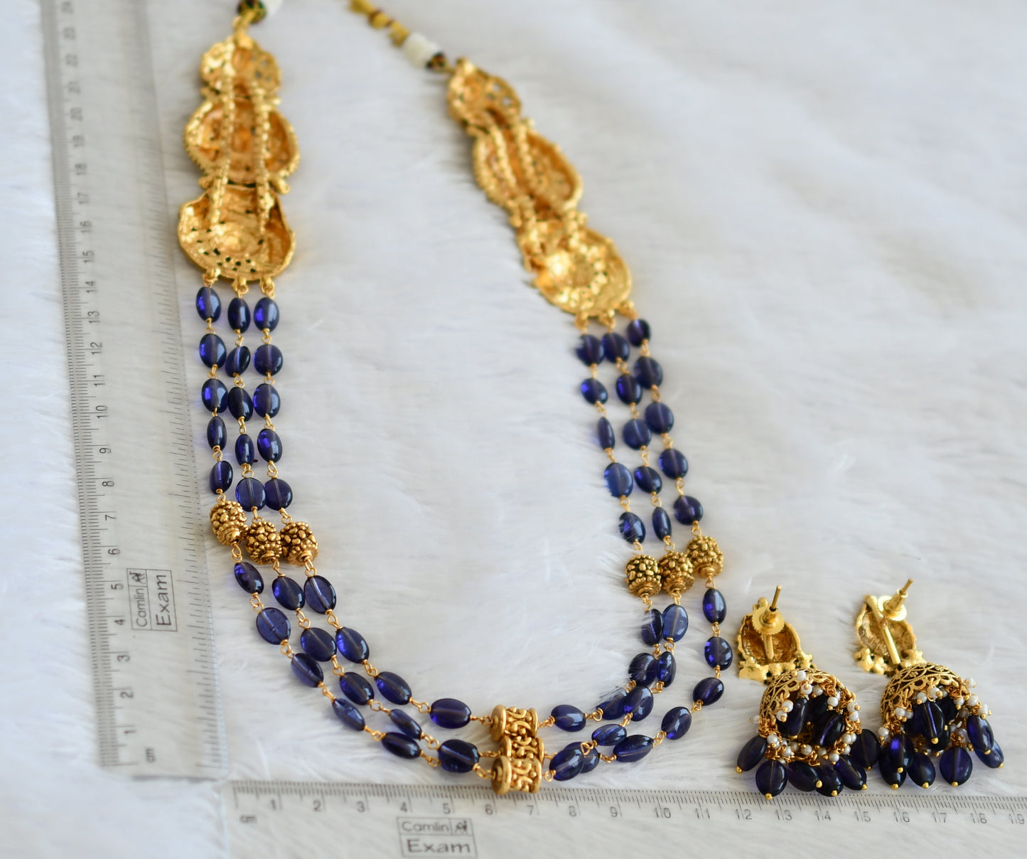 Antique gold tone purple beaded lakshmi peacock short haar set dj-50571