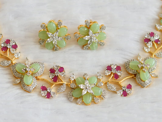 Two tone diamond look alike cz ruby-sea green bead flower necklace set dj-50556