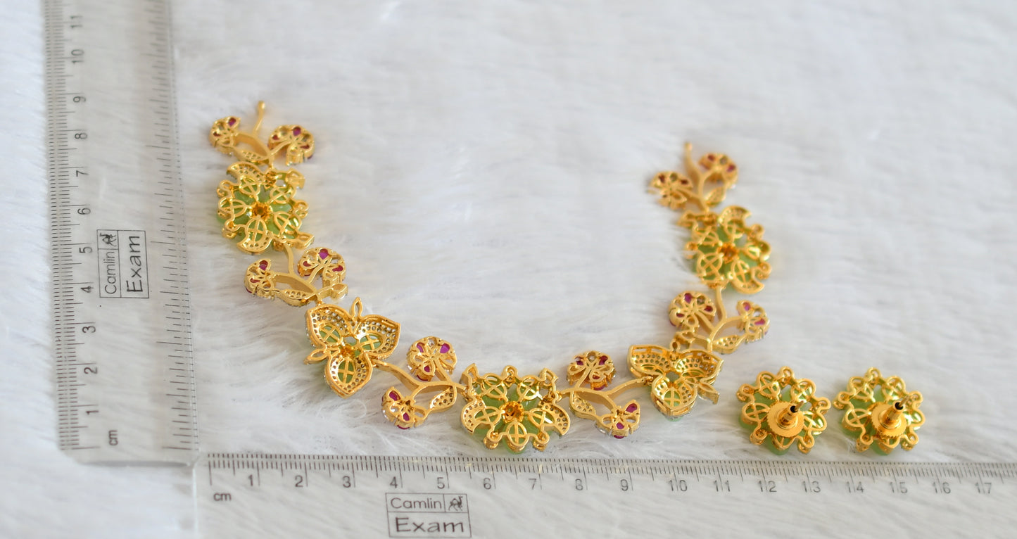 Two tone diamond look alike cz ruby-sea green bead flower necklace set dj-50556