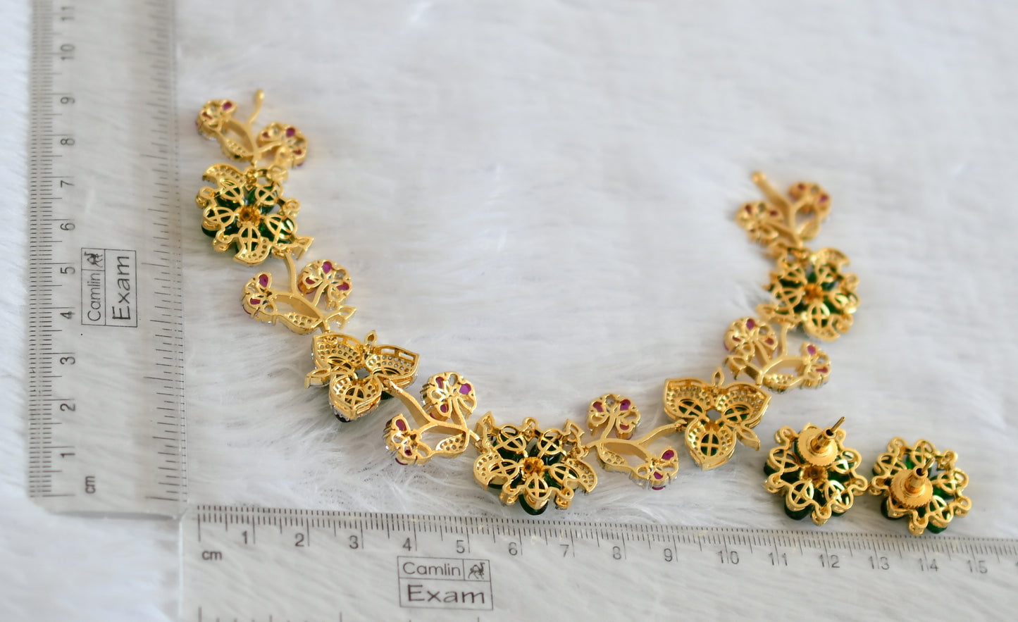 Two tone diamond look alike cz ruby-green bead flower necklace set dj-50557