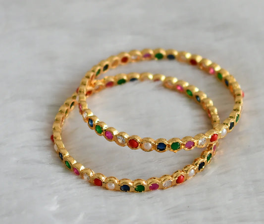 Gold tone south indian style navarathna stone bangles(2.8) dj-54931