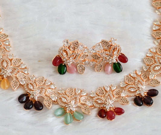 Rose gold tone cz multi color bead flower necklace set dj-50558