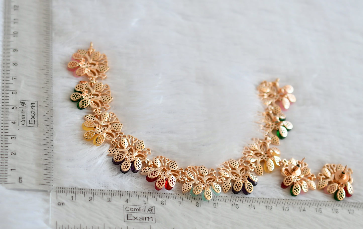 Rose gold tone cz multi color bead flower necklace set dj-50558