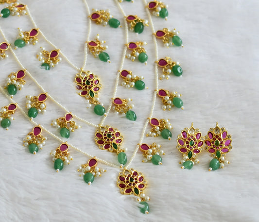 Gold tone kemp-green-white green-pearl beaded lotus step haar set dj-50574