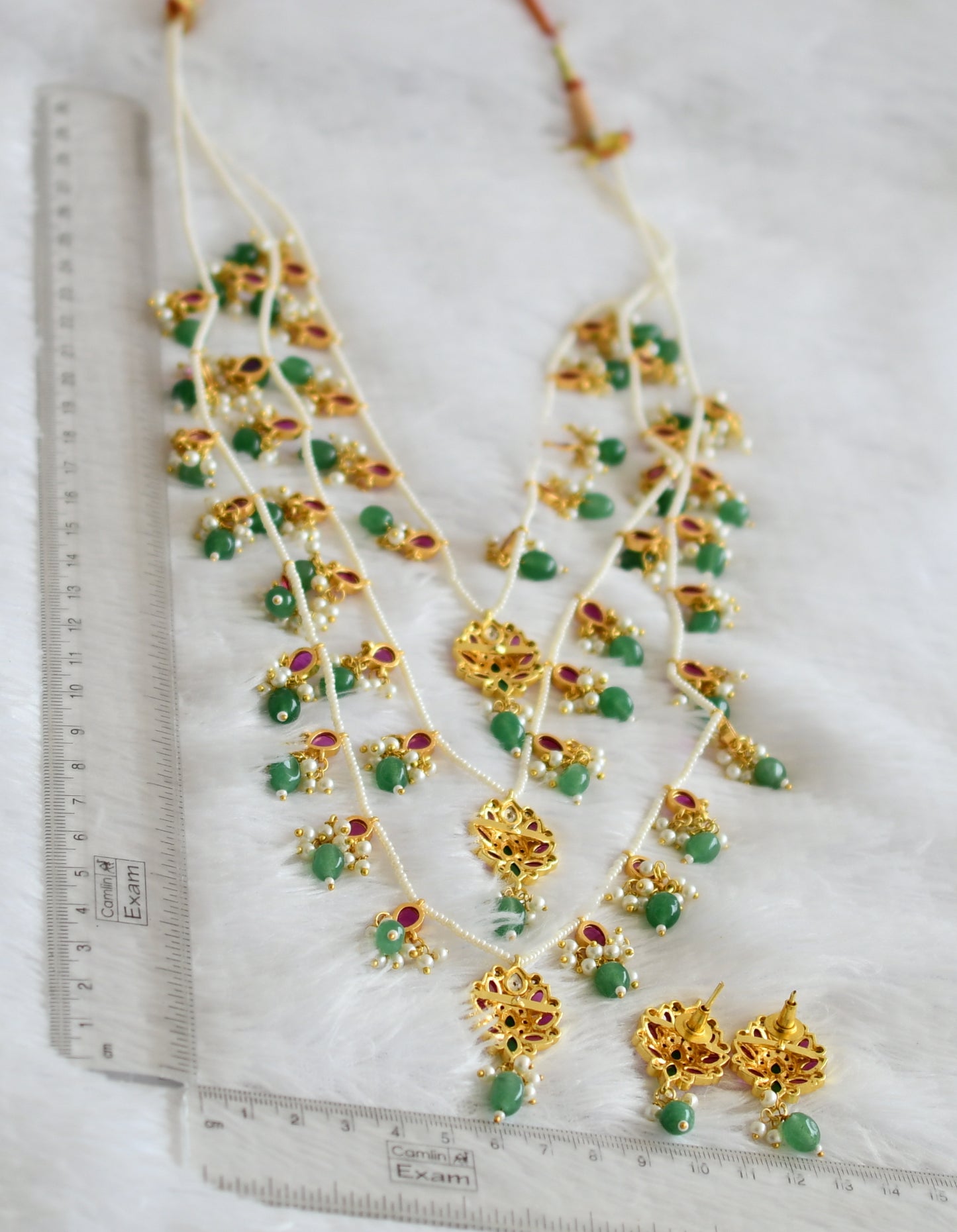 Gold tone kemp-green-white green-pearl beaded lotus step haar set dj-50574