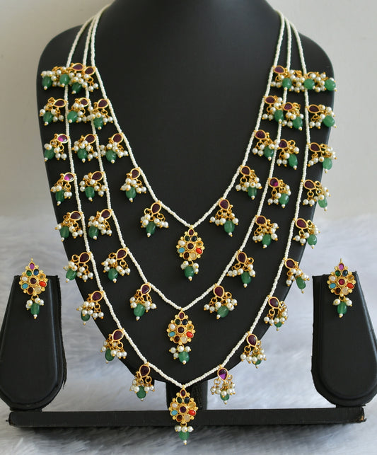 Gold tone navarathna stone green-pearl beaded step haar set dj-50577