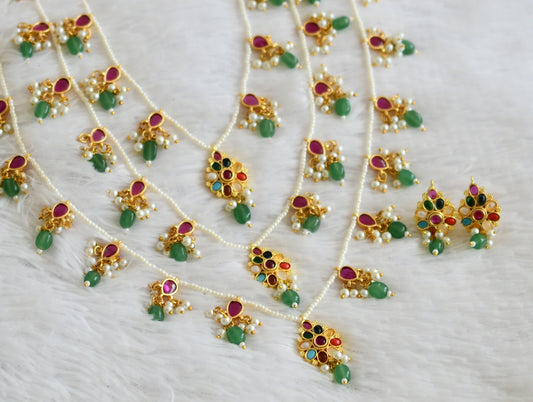 Gold tone navarathna stone green-pearl beaded step haar set dj-50577