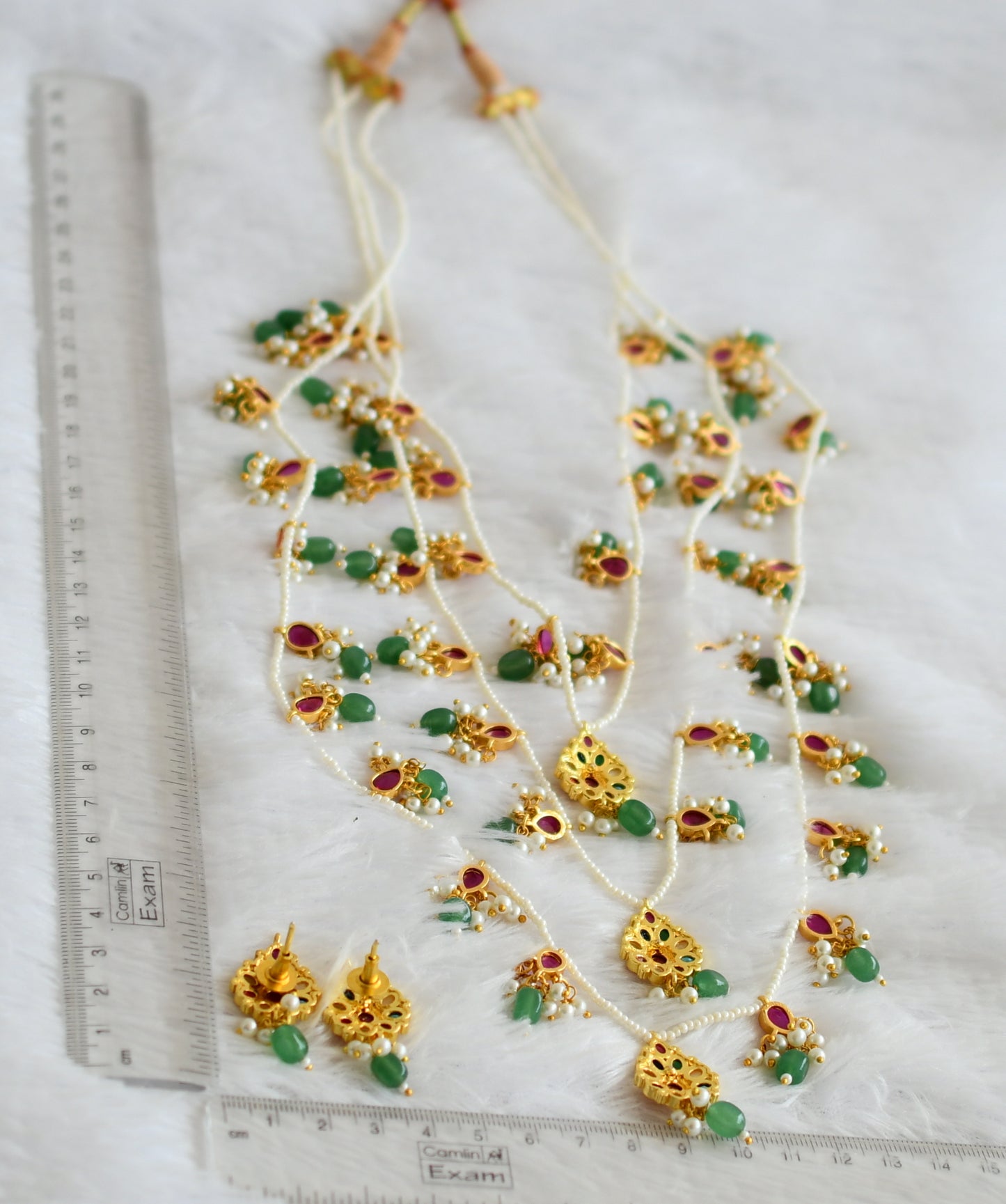 Gold tone navarathna stone green-pearl beaded step haar set dj-50577
